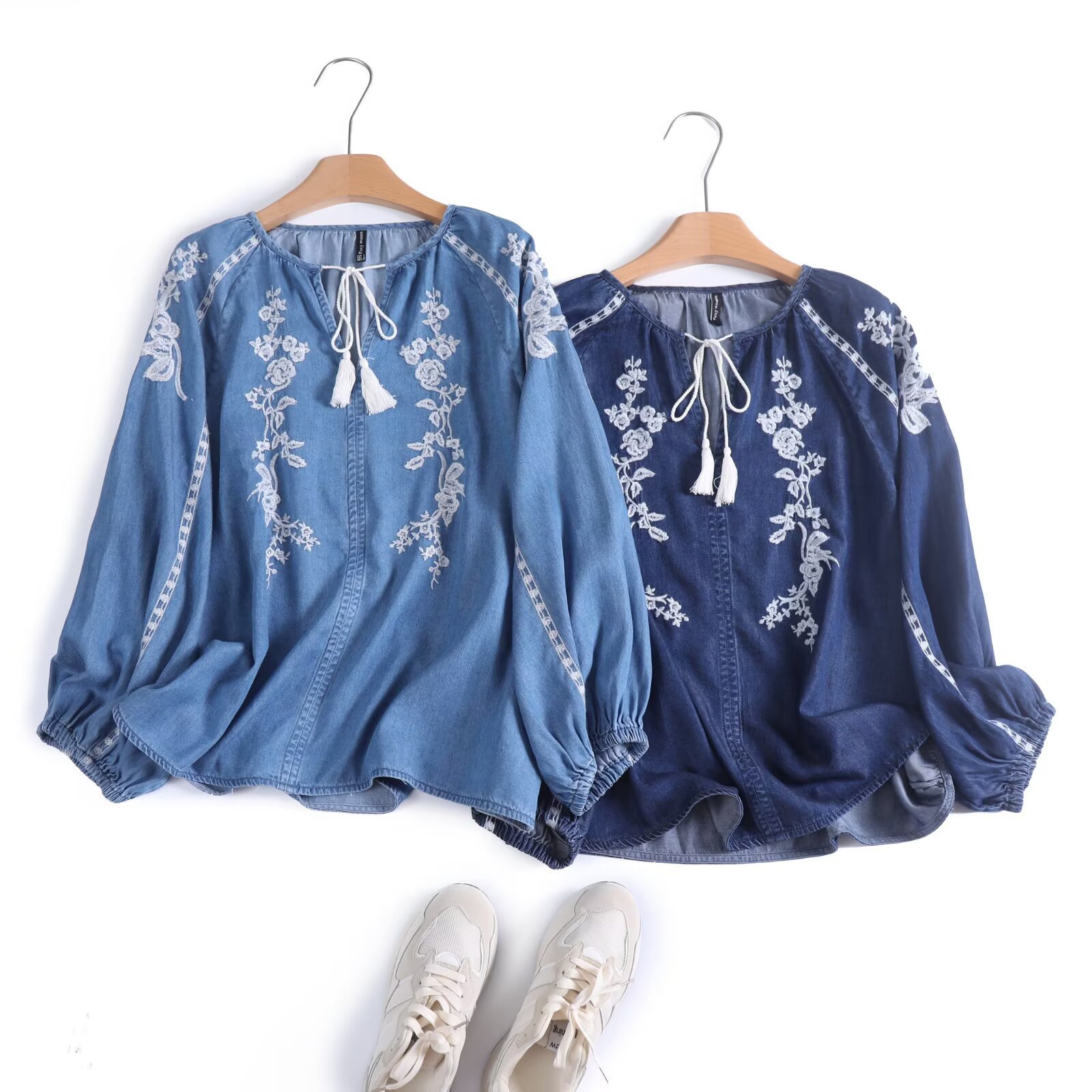 Tassel Fringe Trim - Kadın Denim Bluz Üst Çiçek Nakış