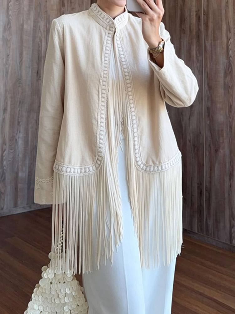 Tassel Fringe Trim - Nakışlı, Dik Yakalı, Uzun Kollu Üst,