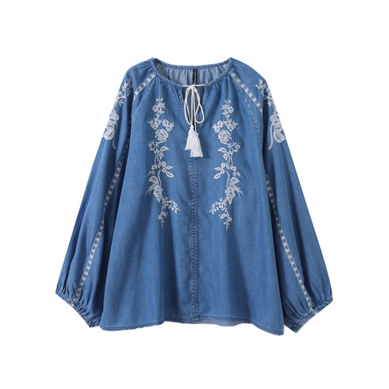Kadın Denim Bluz Üst Çiçek Nak - Tassel Fringe Trim incelemesi ve fiyatı