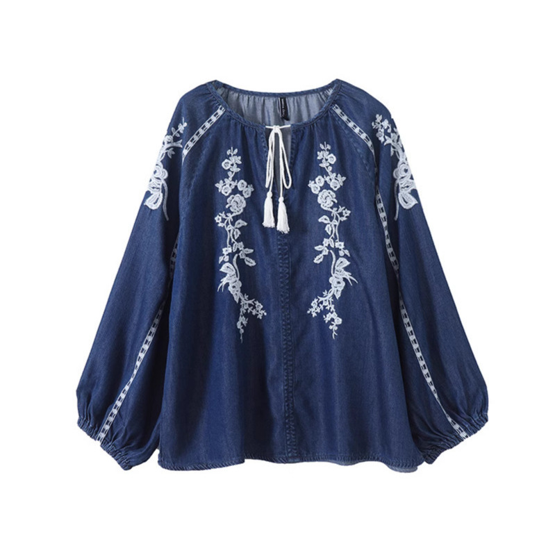Kadın Denim Bluz Üst Çiçek Nak - Tassel Fringe Trim incelemesi ve fiyatı