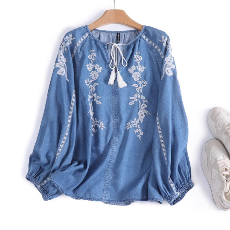 Kadın Denim Bluz Üst Çiçek Nak - Tassel Fringe Trim incelemesi ve fiyatı