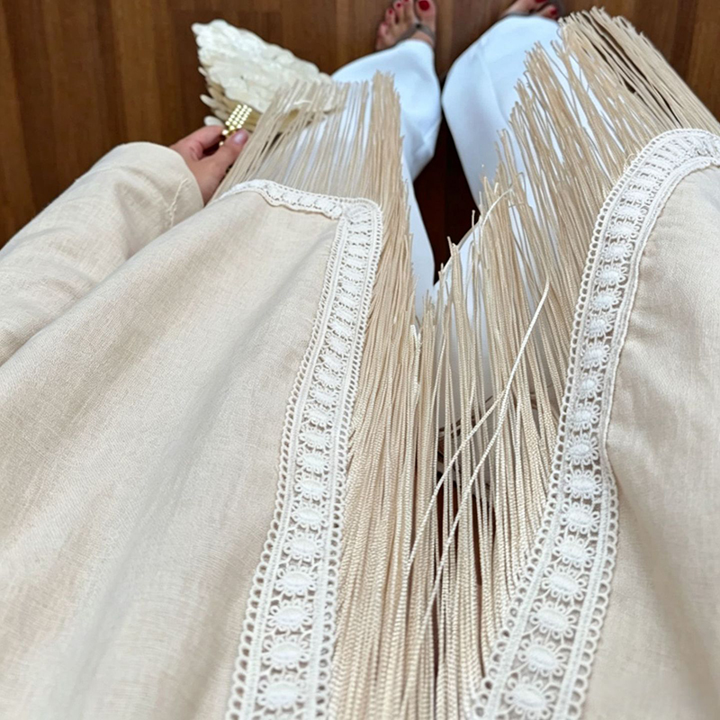 Nakışlı, Dik Yakalı, Uzun Koll - Tassel Fringe Trim incelemesi ve fiyatı